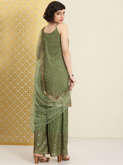 Dhiyona PD Women Women Green Mirror Work Jashn Kurta with Palazzos & With Dupatta