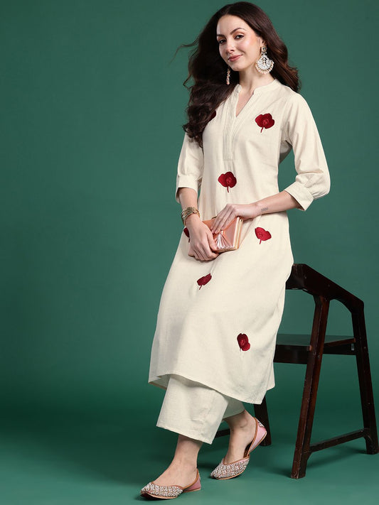 Dhiyona IE Women Floral Embroidered Thread Work Pure Cotton Kurta with Palazzos