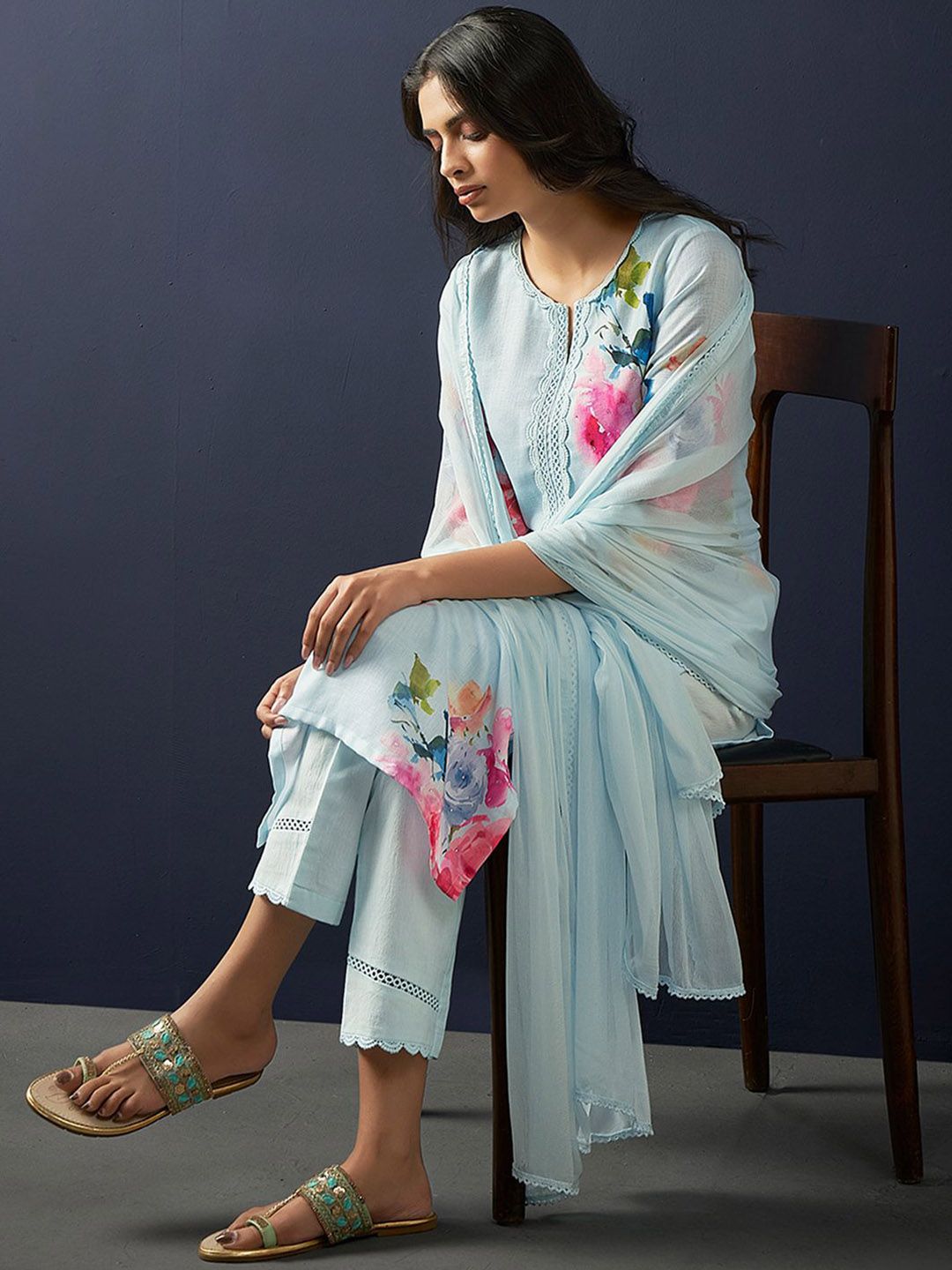 Dhiyona IE Floral Printed Regular Linen Straight Kurta With Trousers & Dupatta