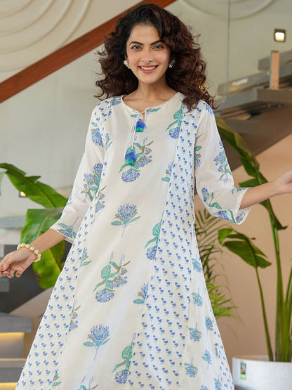 Dhiyona IE Floral Printed Tie-Up Neck Panelled A-Line Pure Cotton Kurta With Trousers