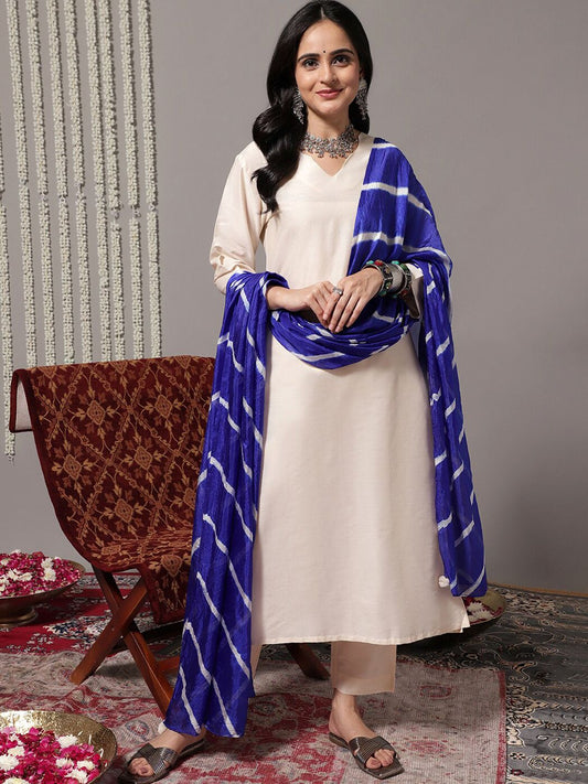 Dhiyona SN Women's V-Neck Straight Kurta With Trousers & Dupatta
