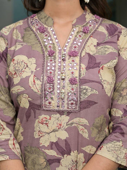 Dhiyona VA Women'sFloral Printed Regular Mirror Work Pure Cotton Kurta with Salwar & Dupatta