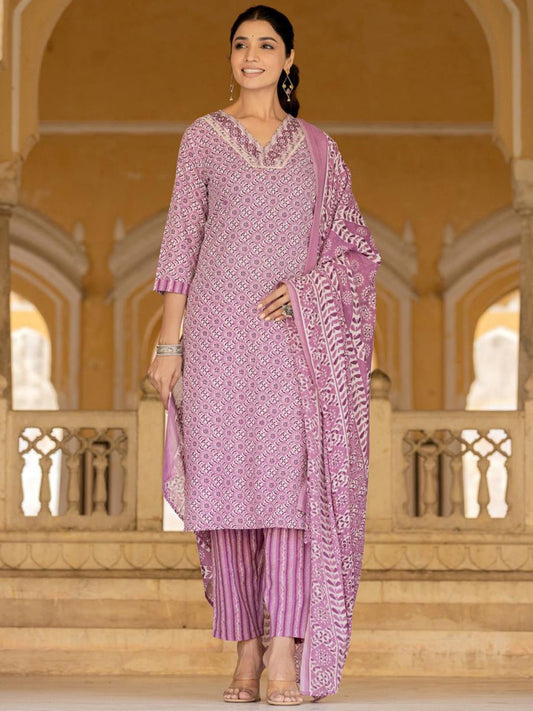 Dhiyona VA Women'sEthnic Motifs Printed Regular Straight Kurta with Trousers & Dupatta