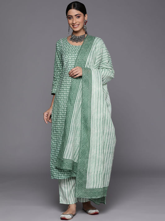 Dhiyona VA Women's Green Floral Printed Pure Cotton Kurta with Trousers & With Dupatta