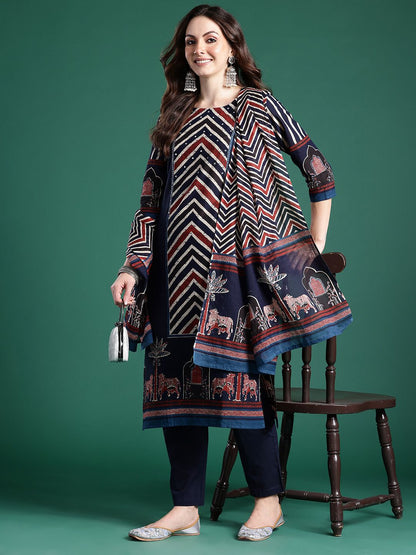 Dhiyona IE Printed Panelled Sequinned Pure Cotton Kurta With Trousers & Dupatta