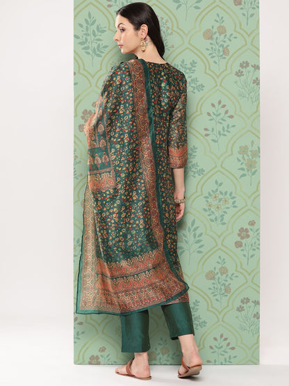 Dhiyona VA Women's Ethnic Motifs Printed Regular Chanderi Cotton Kurta with Trousers & Dupatta