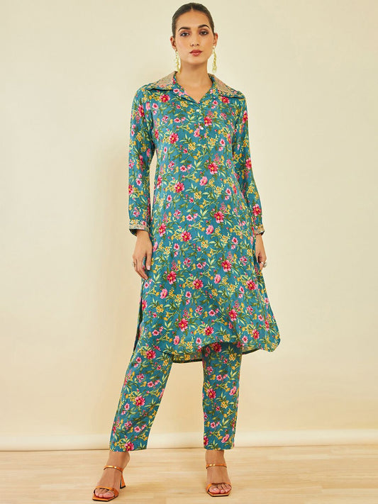 Dhiyona SO Women's Floral Kalamkari Printed Shirt Collar Kurta with Trousers