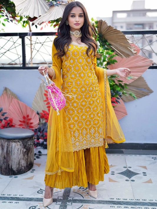 Dhiyona LL Floral Embroidered Sequinned Zari Kurta with Sharara & Dupatta