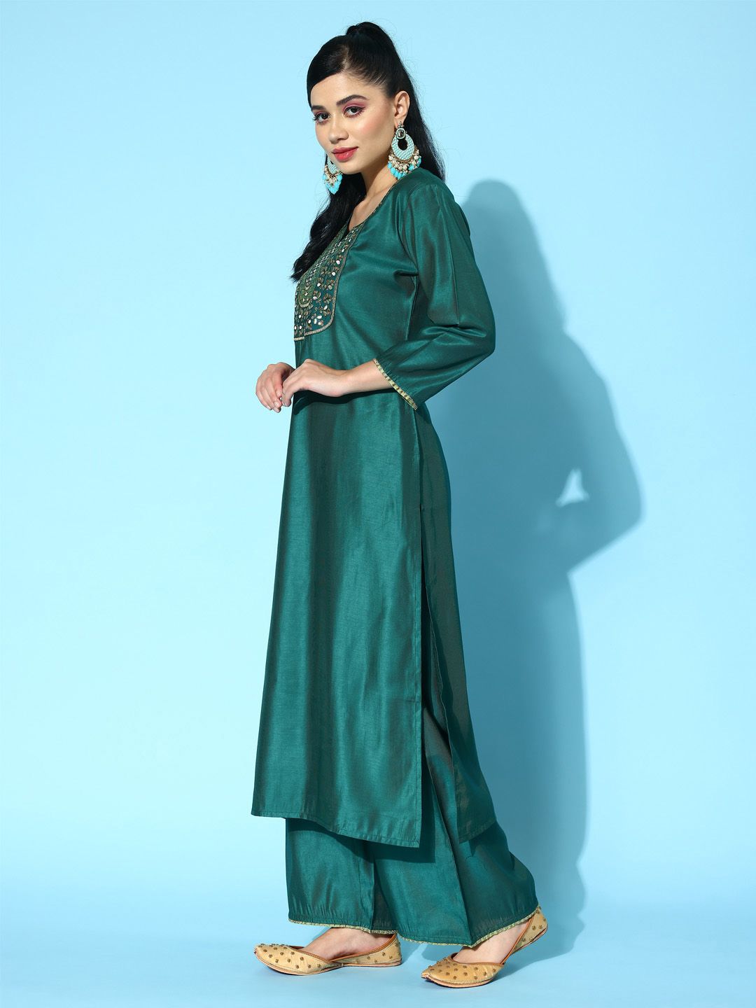 Dhiyona IE Ethnic Motifs Embroidered Sequinned Liva Kurta with Palazzos & Dupatta
