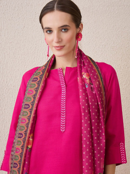 Dhiyona IE Floral Yoke Design Notch Neck Thread Work Straight Kurta With Trousers & Dupatta