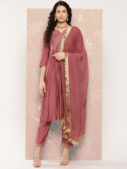 Dhiyona VA Women's Embroidered Empire Kurta with Trousers & With Dupatta