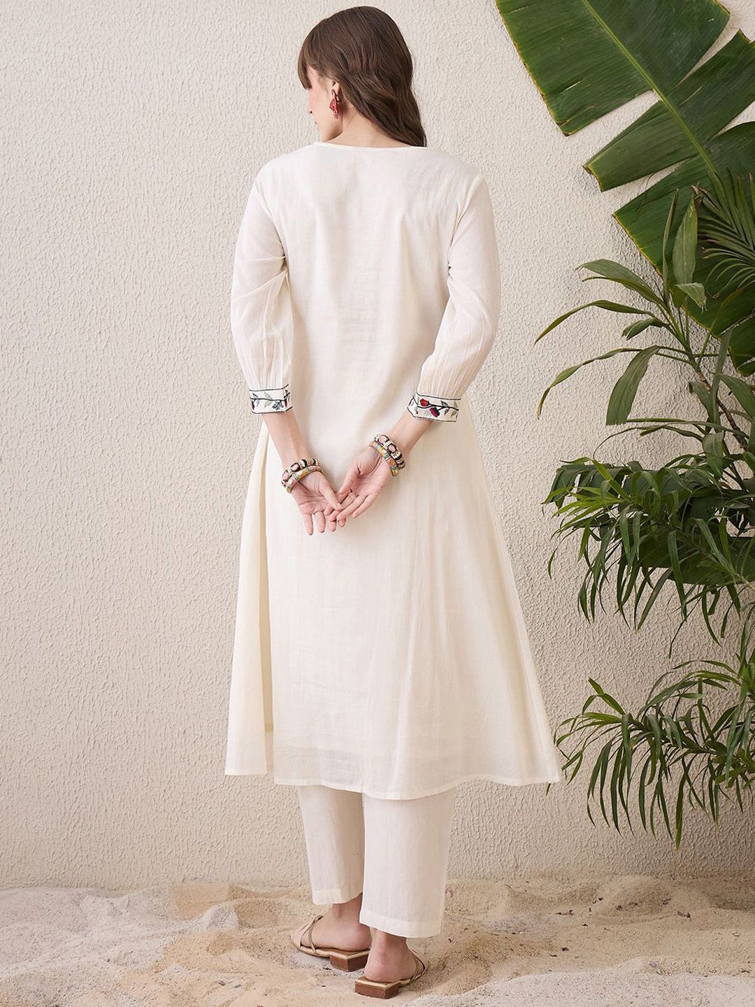 Dhiyona IE Floral Yoke Design Tie-Up Neck Thread Work Pure Cotton A-Line Kurta With Trouser