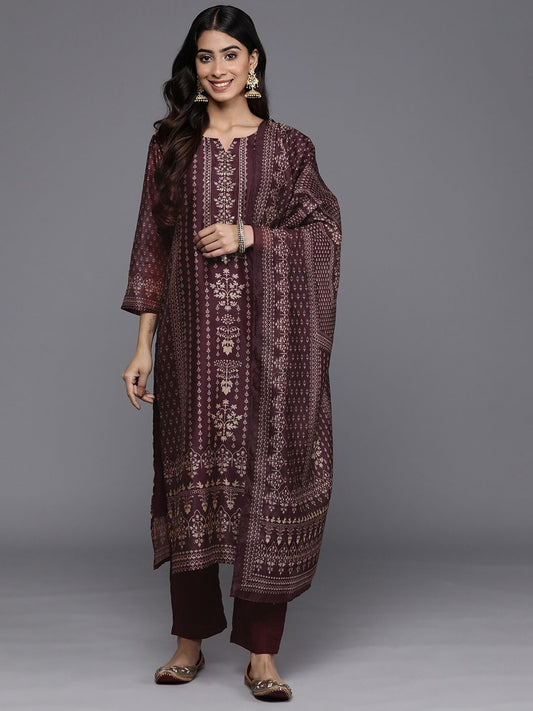 Dhiyona VA Women'sEthnic Motifs Printed Sequinned Chanderi Silk Kurta with Trousers & Dupatta