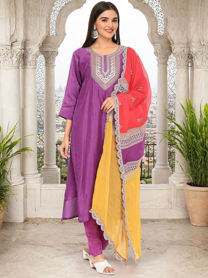 Dhiyona IS Women's Floral Yoke Design Zari Straight Kurta With Trouser And Dupatta
