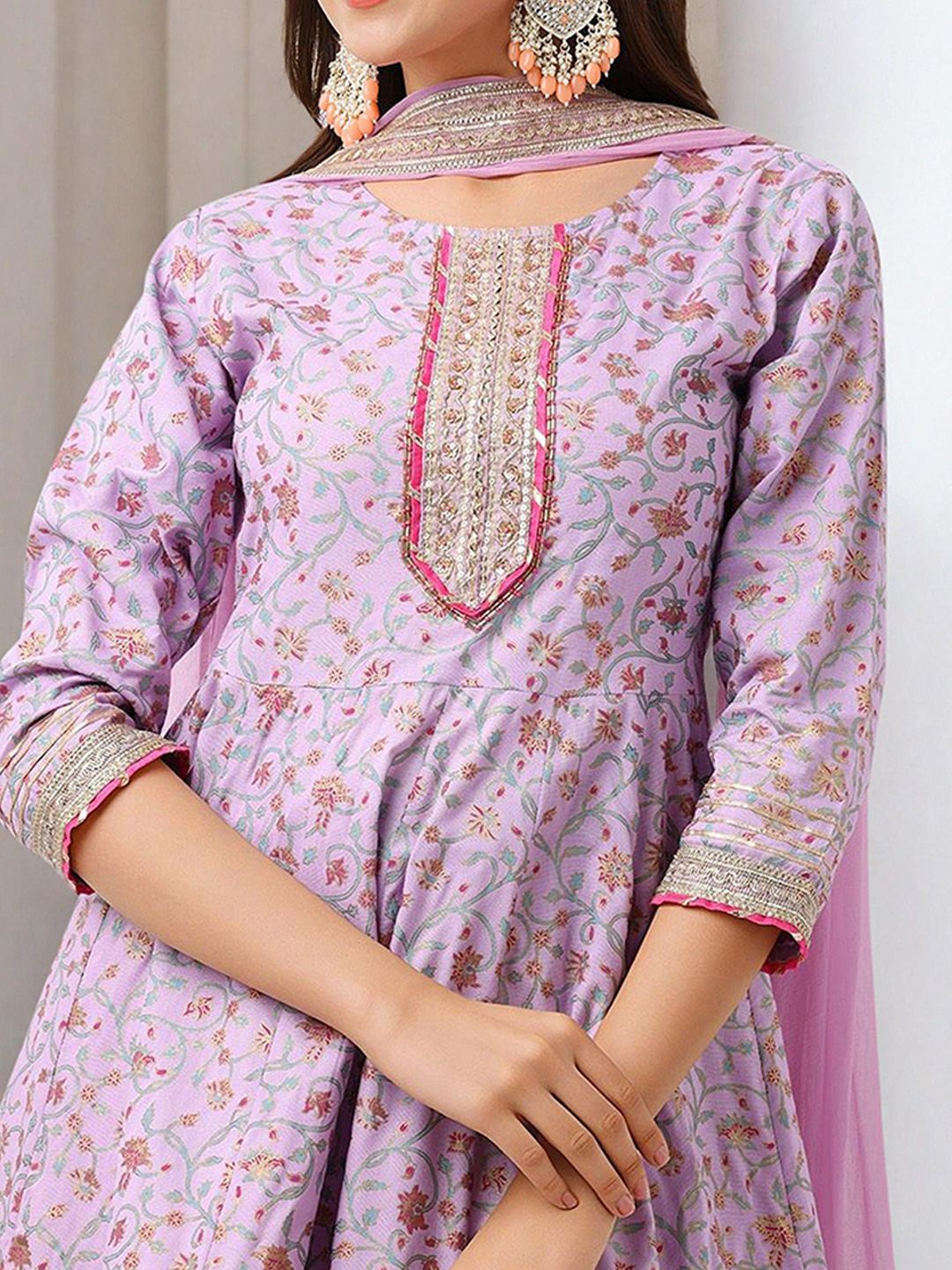 Dhiyona IS Women's Floral Printed Gotta Patti Pure Cotton Anarkali Kurta With Sharara And Dupatta