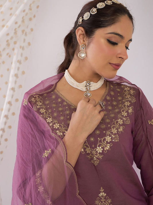 Dhiyona IE Floral Embroidered Zari Straight Kurta With Trousers & Dupatta