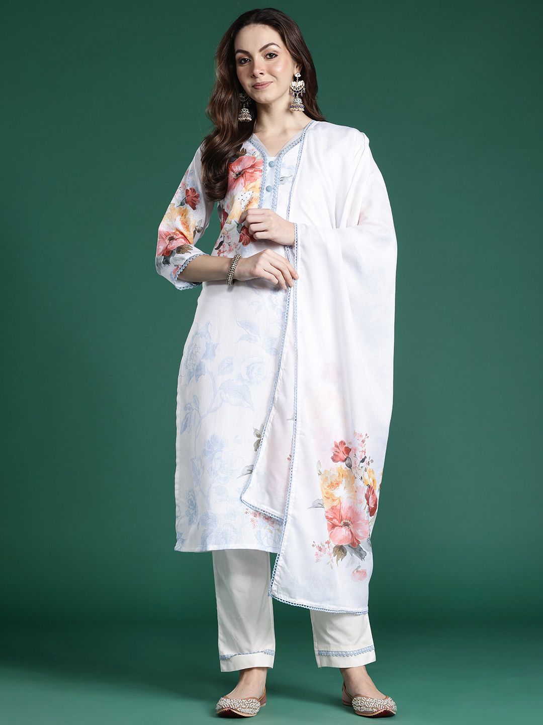 Dhiyona IE Floral Printed Beads and Stones Linen Kurta with Trousers & With Dupatta
