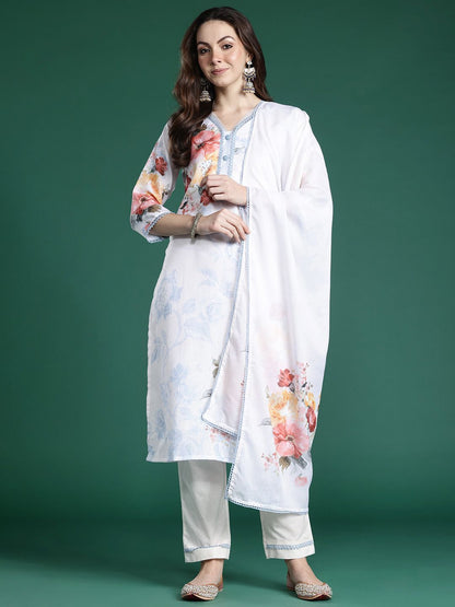 Dhiyona IE Floral Printed Beads and Stones Linen Kurta with Trousers & With Dupatta