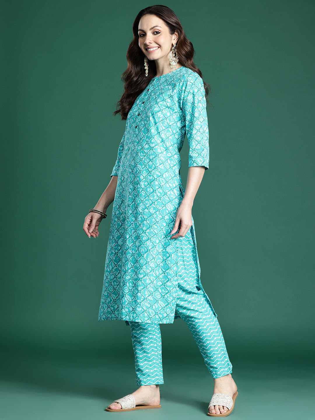 Geometric Printed Pure Cotton Kurta with Trousers & Dupatta