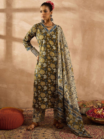 Dhiyona IE Women Floral Printed Regular Pure Cotton Kurta with Trousers & With Dupatta