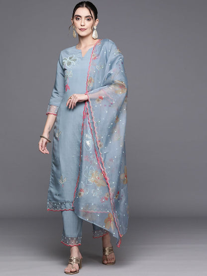 Dhiyona IE Women Floral Embroidered Regular Sequinned Kurta with Trousers & With Dupatta