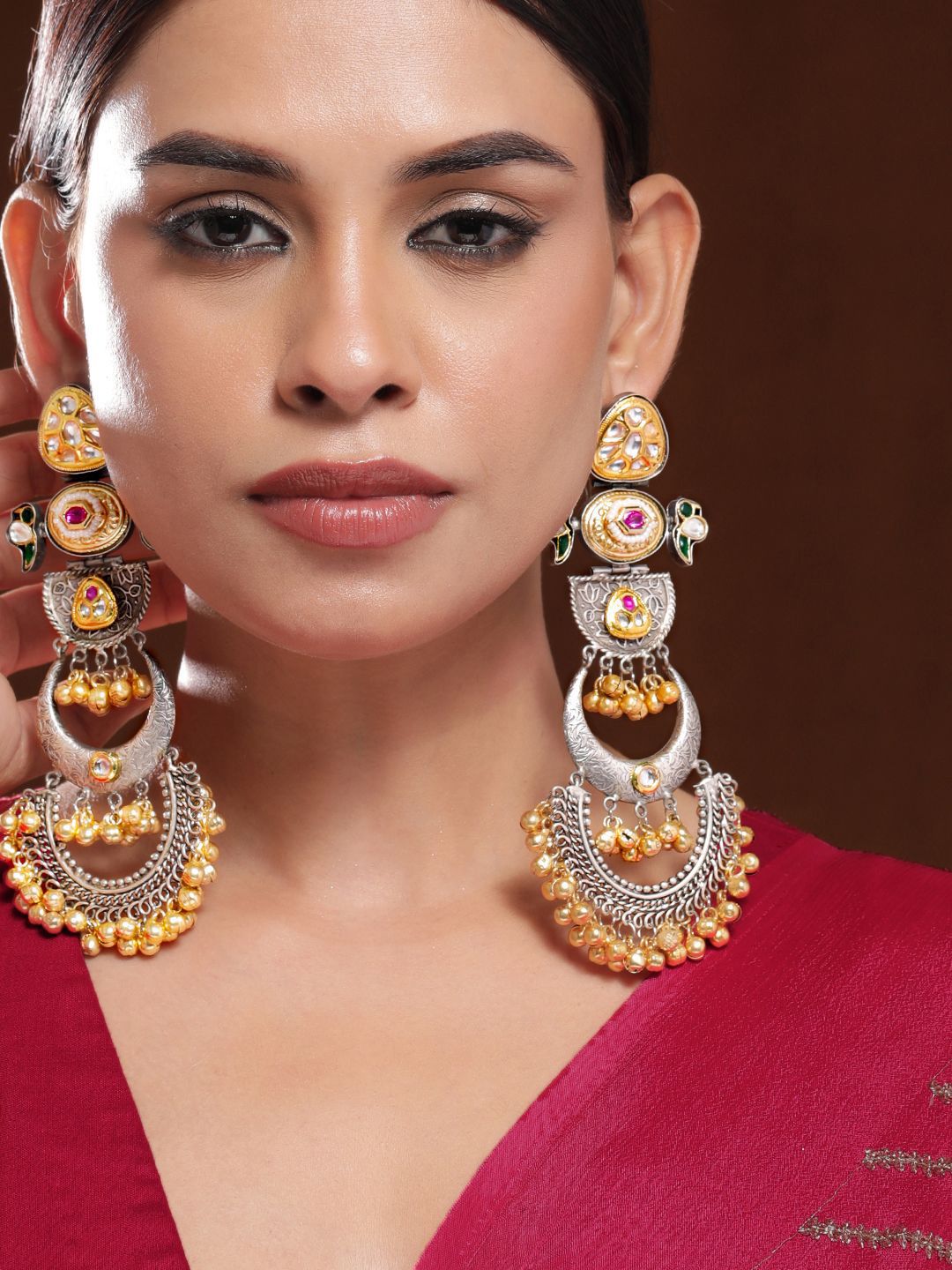 Dhiyona RJ Women's Oxidised Silver & Gold-Plated Long Chandbali with Kundan, Ruby,Emerald & Gold Beads