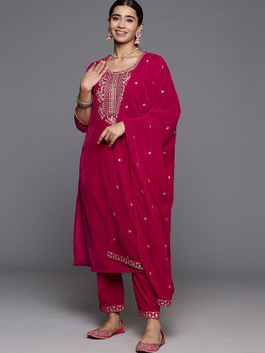 Dhiyona VA Women'sFloral Zari Embroidered Velvet Kurta with Trouser & Velvet Dupatta