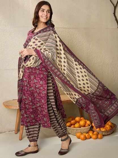 Floral Printed V Neck Pure Cotton Kurta With Salwar & Dupatta