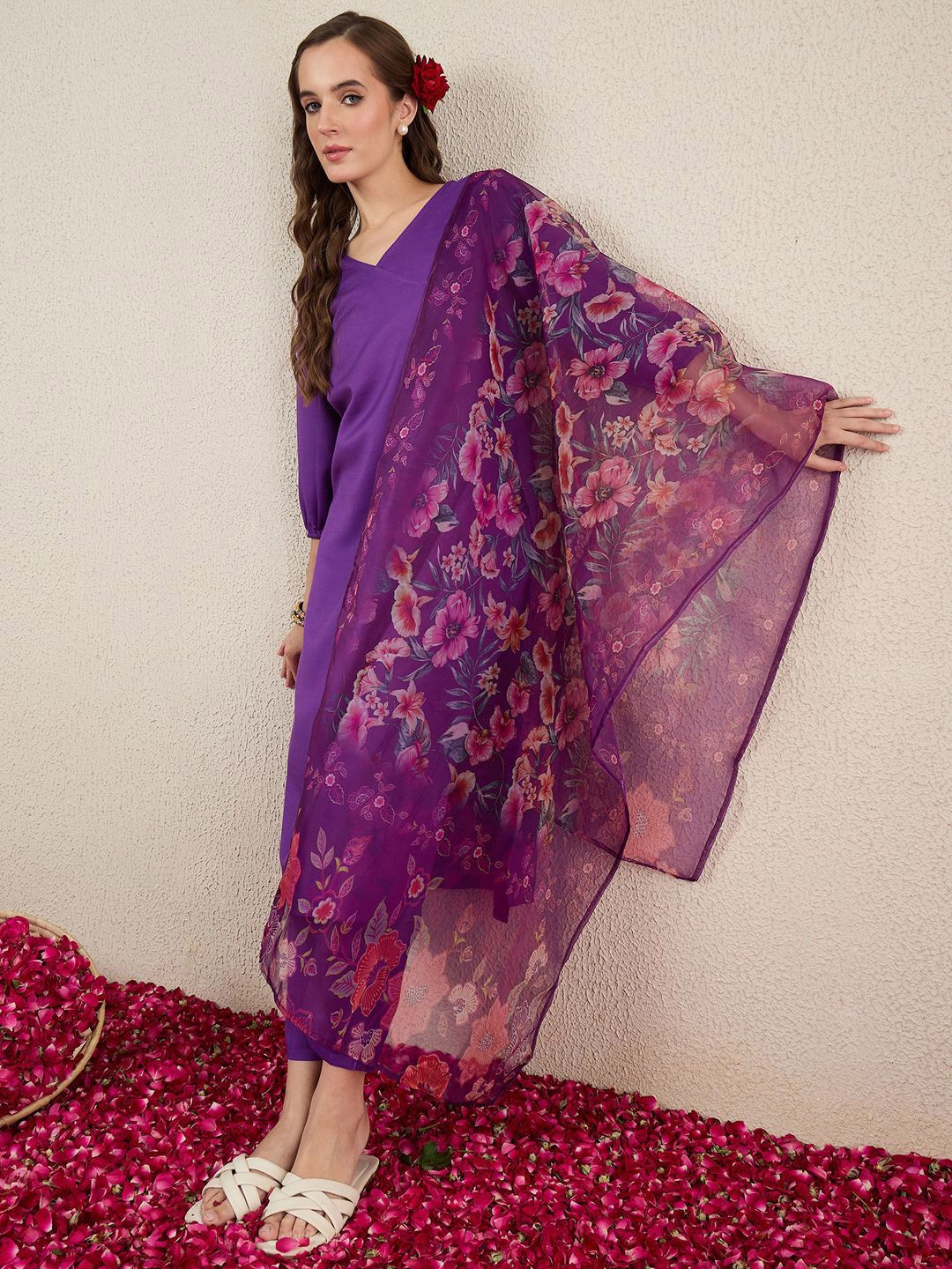 V-Neck Straight Kurta With Trousers & Dupatta