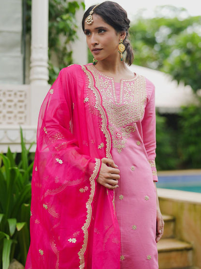 Dhiyona IE Ethnic Motifs Embroidered Thread Work Kurta with Trousers & Dupatta