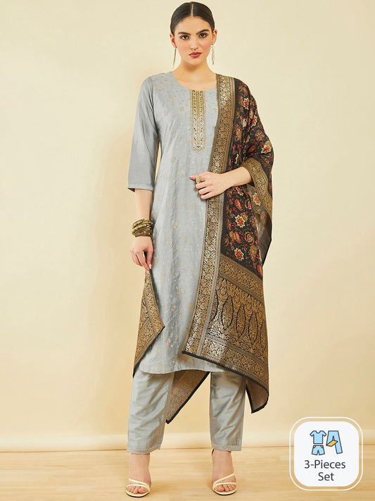 Dhiyona SO Women's Floral Embroidered Zari Regular Kurta & Trousers With Dupatta