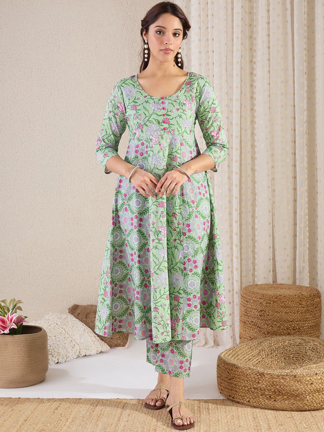 Dhiyona IE Floral Printed V-Neck Pure Cotton A-Line Kurta & Trousers With Dupatta