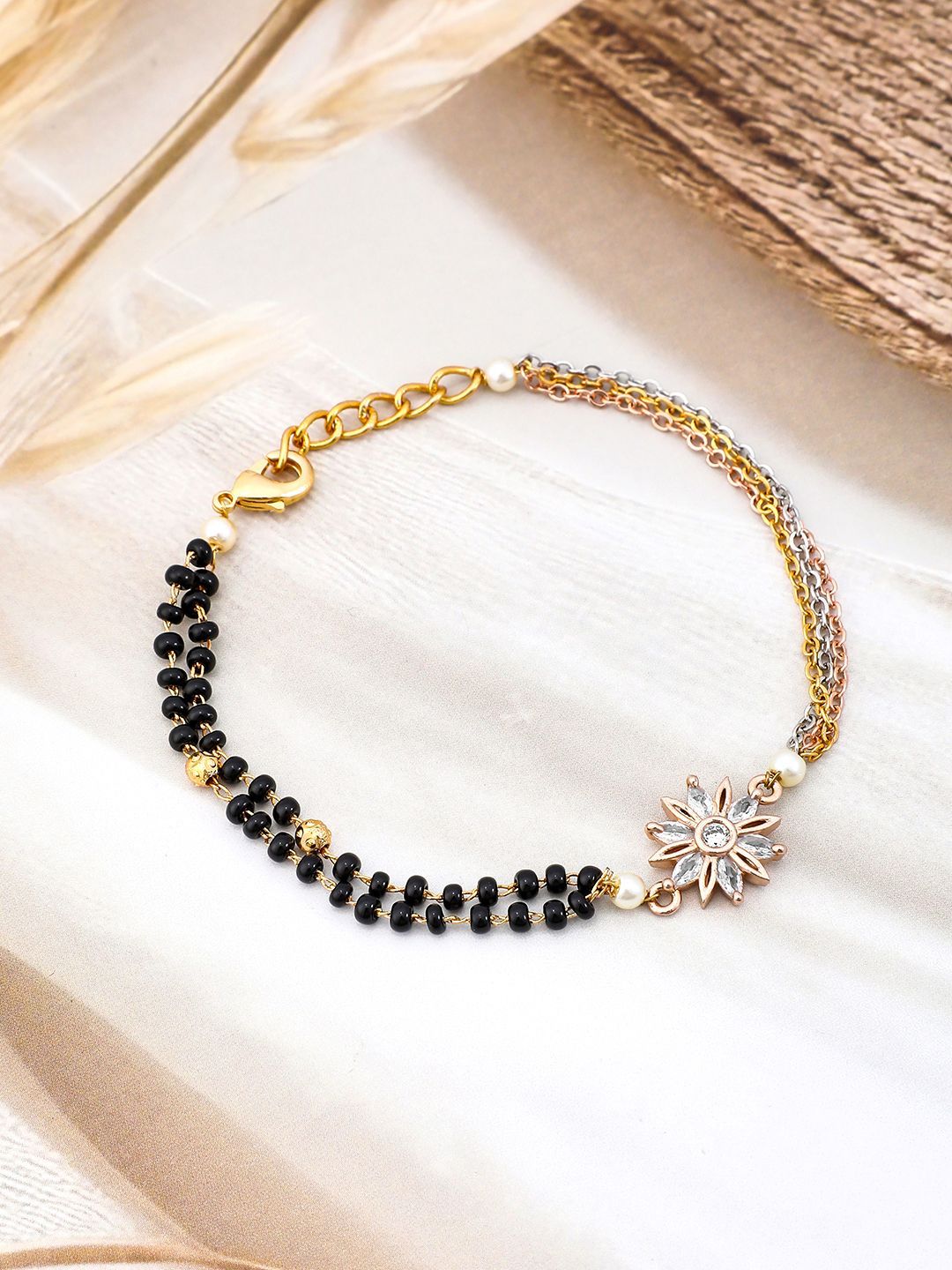 Dhiyona RJ Women's Triple Tone-Plated Mangalsutra Bracelet with Floral Cubic Zirconia Charm