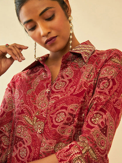 Dhiyona SO Women's Paisley Printed Regular Thread Work Kurta with Trousers