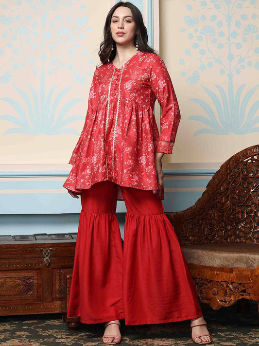 Dhiyona IS Women's Maroon Floral Printed V-Neck Gotta Patti A-Line Kurti With Sharara