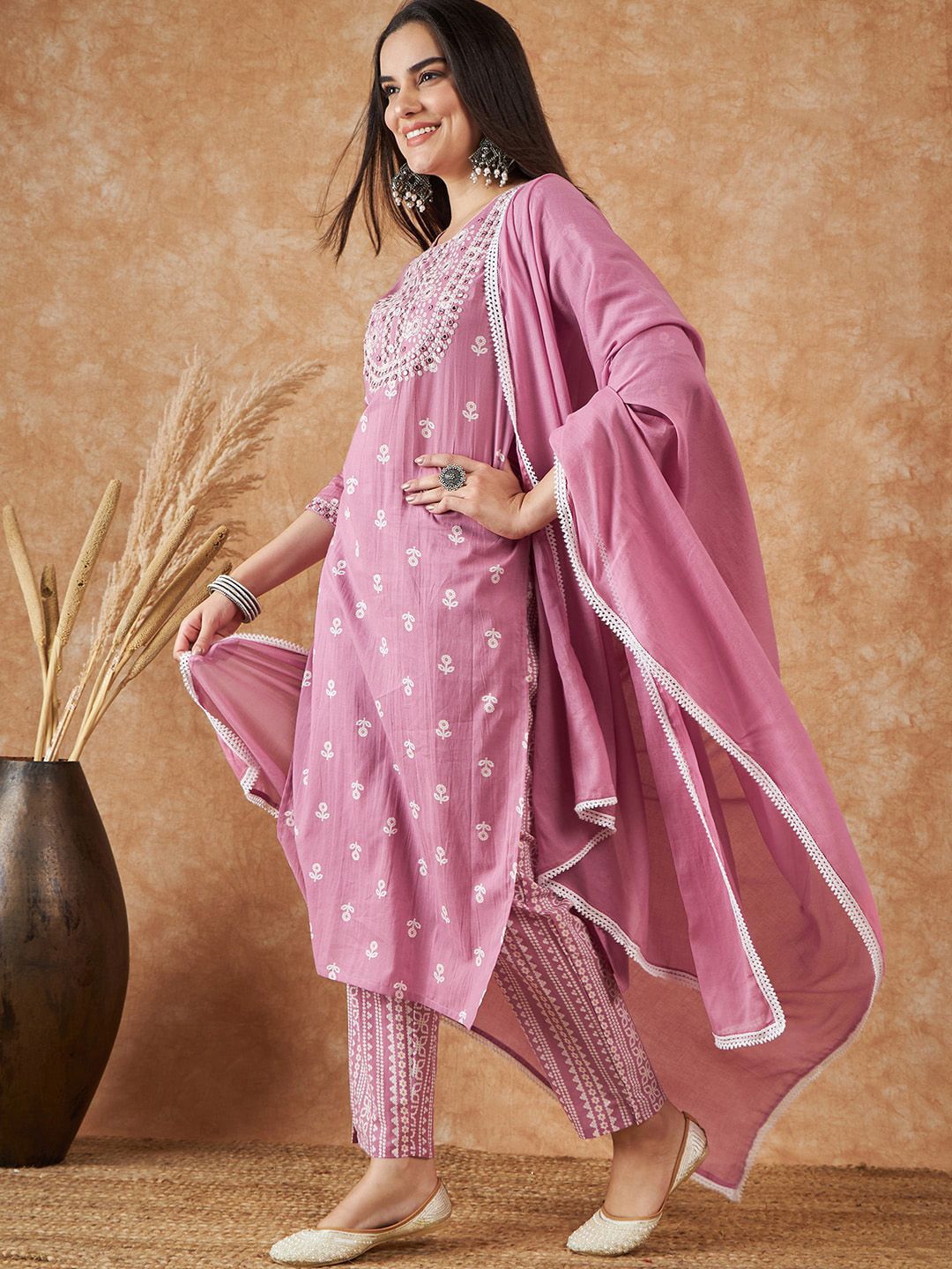 Dhiyona SN Women's Floral Printed Pure Cotton Kurta With Trousers & Dupatta