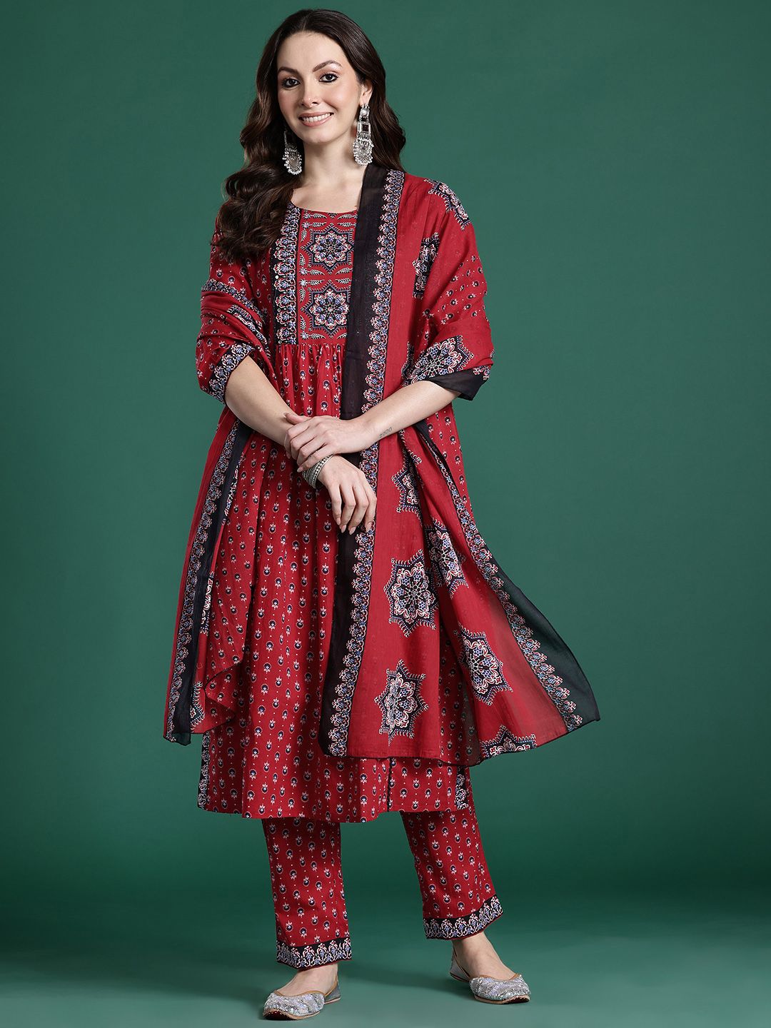 Dhiyona IE Ethnic Motifs Printed Pure Cotton Kurta with Trousers & Dupatta