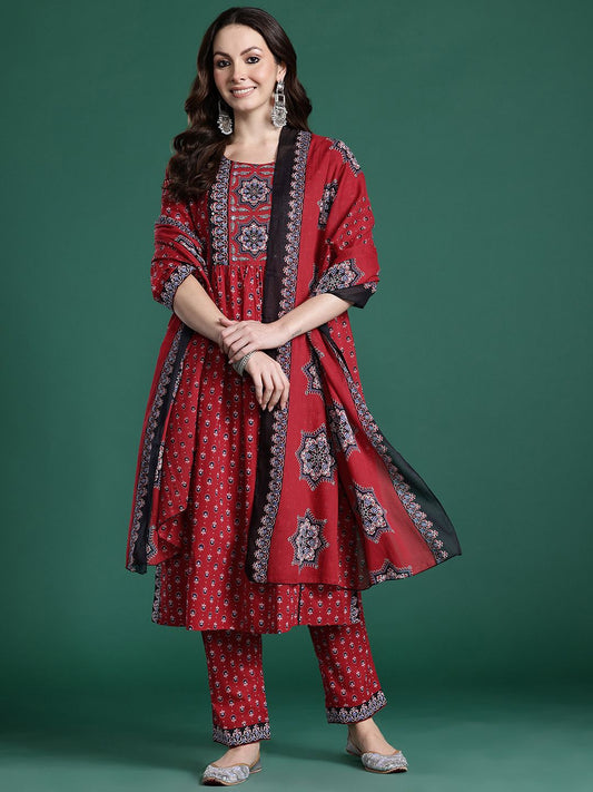 Dhiyona IE Ethnic Motifs Printed Pure Cotton Kurta with Trousers & Dupatta