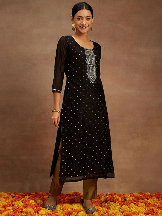Dhiyona LB Women's Floral Sequinned Embroidered Chanderi Silk Straight Kurta