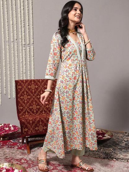 Dhiyona VA Women'sFloral Printed Empire Mirror Work Kurta With Trousers & Dupatta