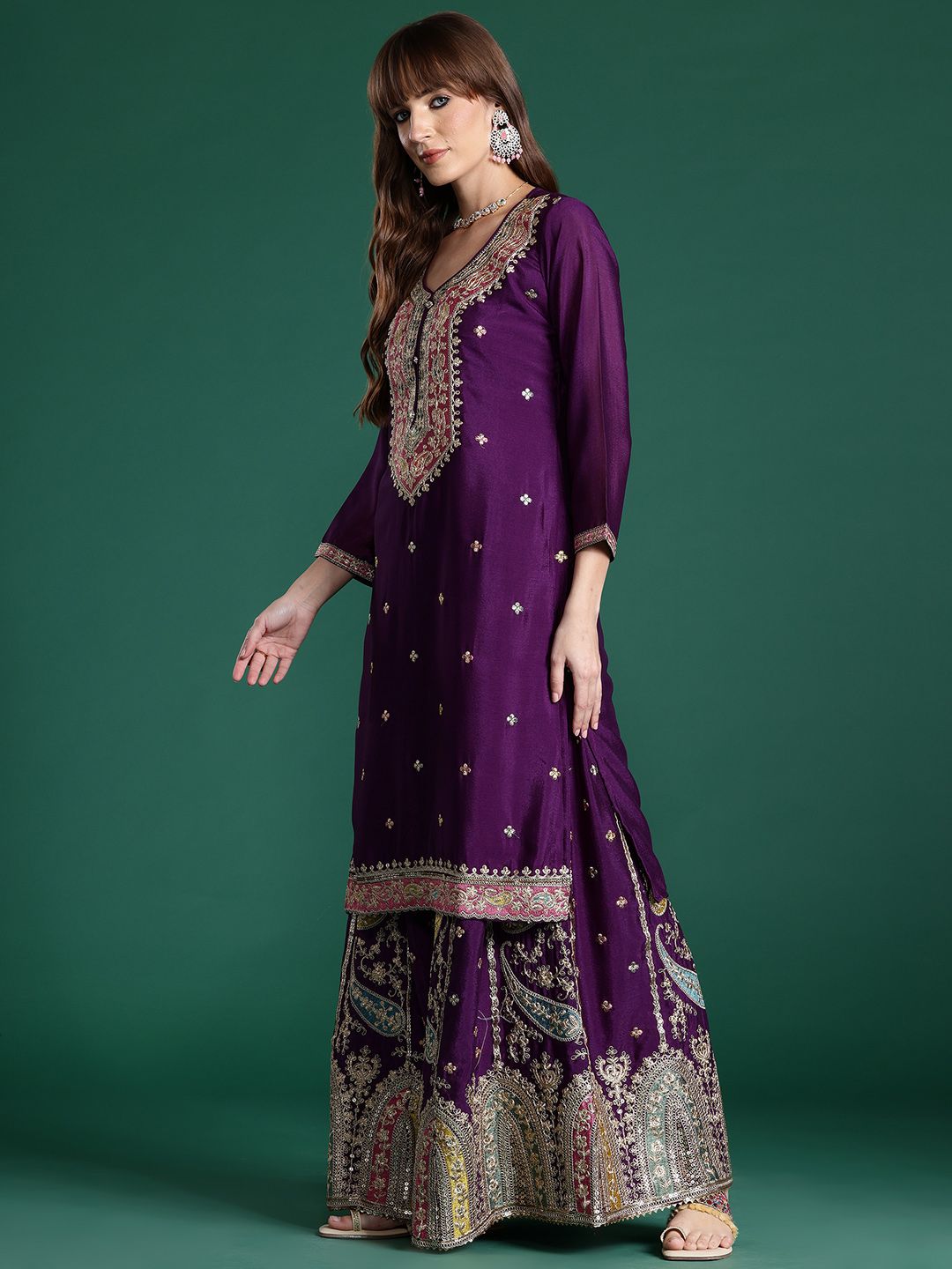 Paisley Embroidered Sequinned Kurta with Palazzos & With Dupatta