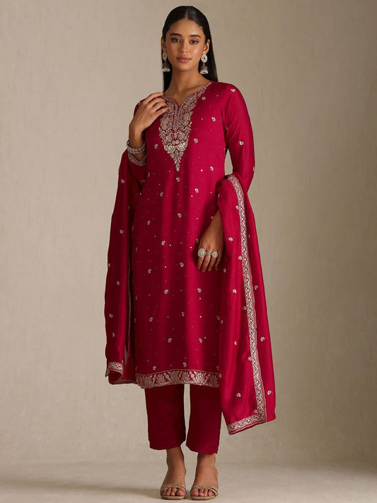 Dhiyona SO Women's Ethnic Motifs Embroidered Notch Neck Straight Kurta With Trouser & Dupatta