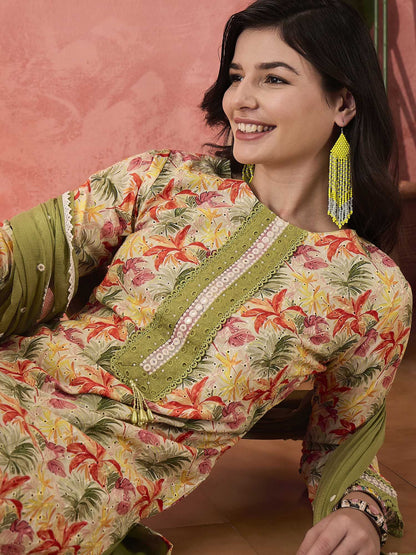 Dhiyona SN Women's Green Floral Printed Round Neck Pure Cotton Kurta With Trousers & Dupatta