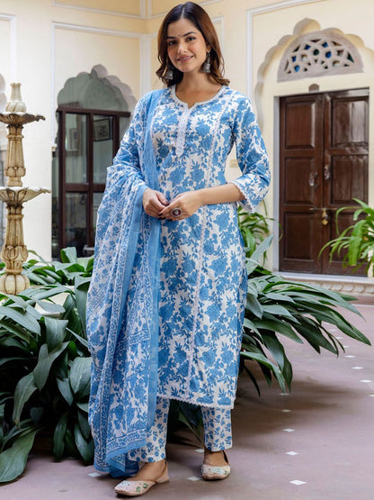 Dhiyona IE Women Floral Printed Panelled Beads and Stones Pure Cotton Kurta with Trousers & With Dupatta