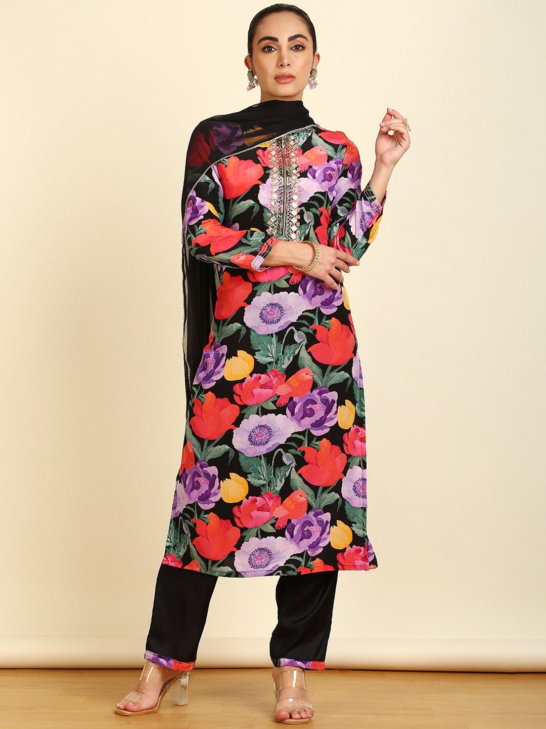 Dhiyona SO Women's Floral Printed Mirror Work Kurta with Trousers & With Dupatta