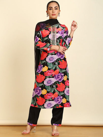Dhiyona SO Women's Floral Printed Mirror Work Kurta with Trousers & With Dupatta