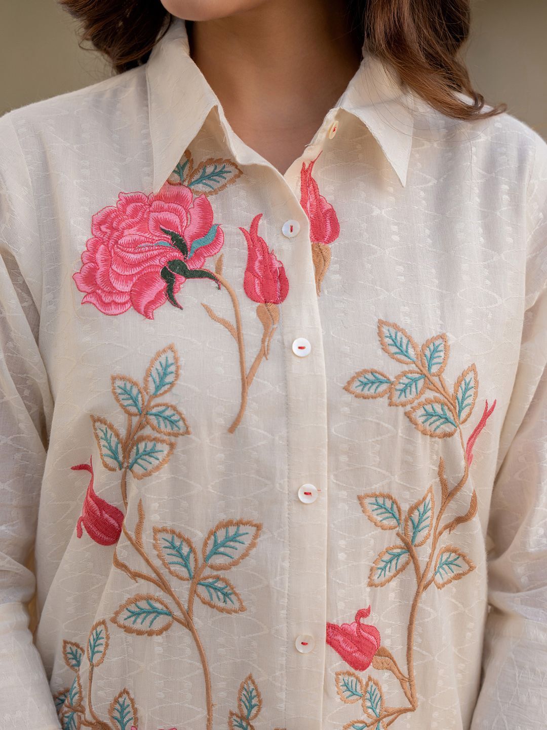 Dhiyona IE Floral Embroidered Thread Work Pure Cotton A-Line Kurta With Trousers