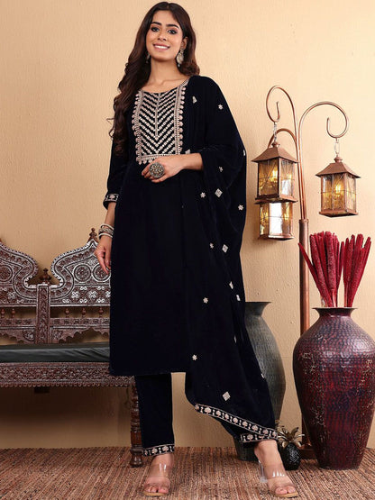Dhiyona VA Women'sEthnic Motifs Embroidered Zari Velvet Kurta With Trousers And Dupatta