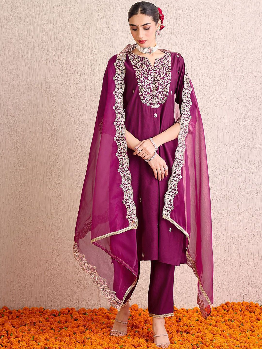 Dhiyona IE Women Floral Embroidered Regular Sequinned Liva Kurta with Trousers & With Dupatta