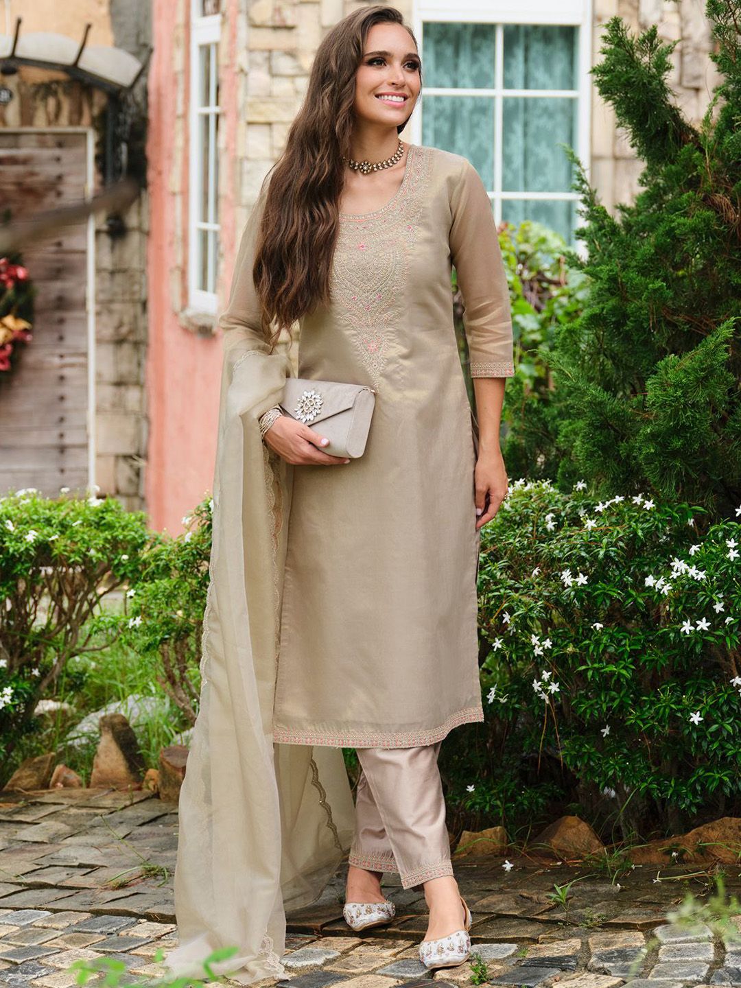Floral Yoke Design Sequnnied Straight Kurta With Trousers & Dupatta